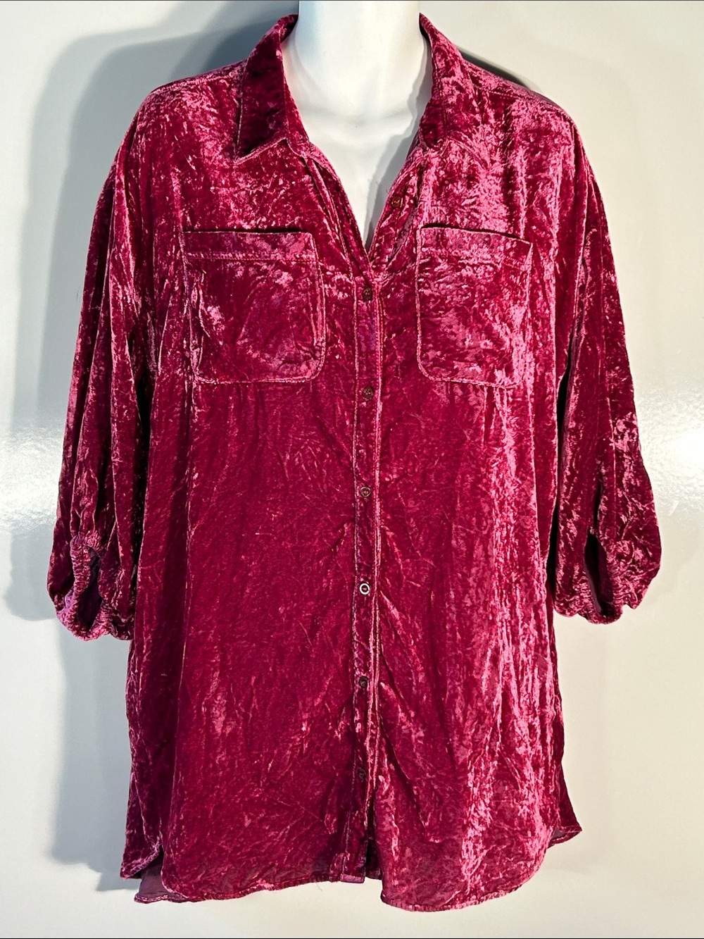 Free People Oversized SZ XS Magenta Velvet Button Down Dress or Tunic Boho Comfy